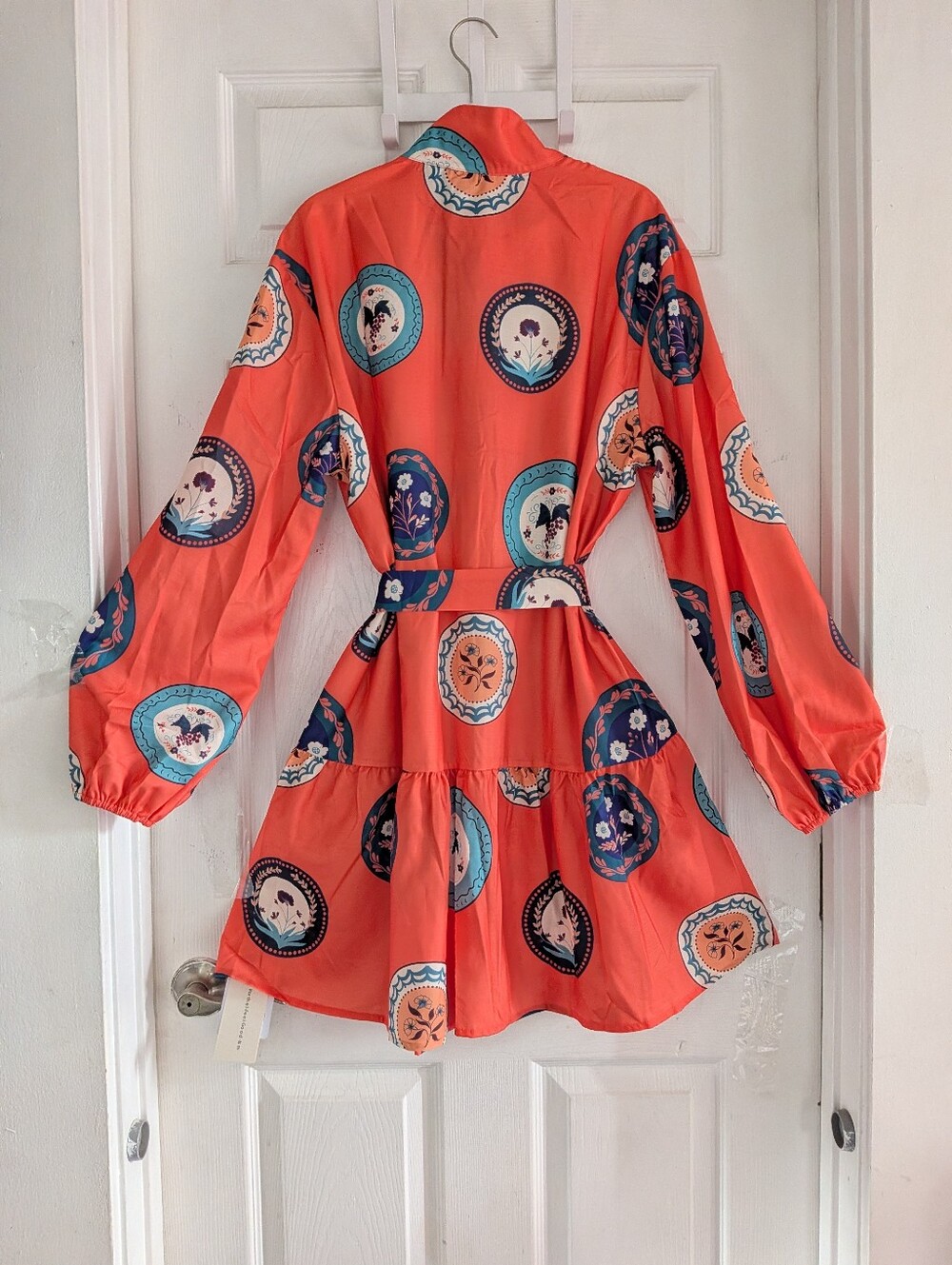 Commense Printed Belted Cotton Linen Long Sleeve Mini Dress - Picture 14 of 16